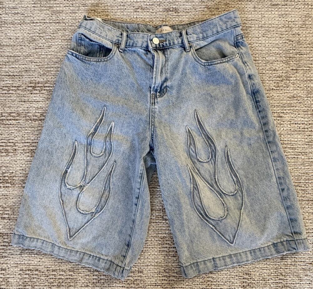 PacSun Extreme Jort Flame Distressed Denim Jorts Shorts 28 Blue Y2K Grunge